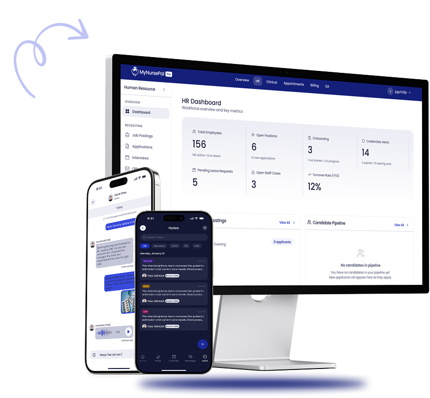 MyNursePal Pro on desktop and mobile — HR dashboard, messaging, and clinical notes